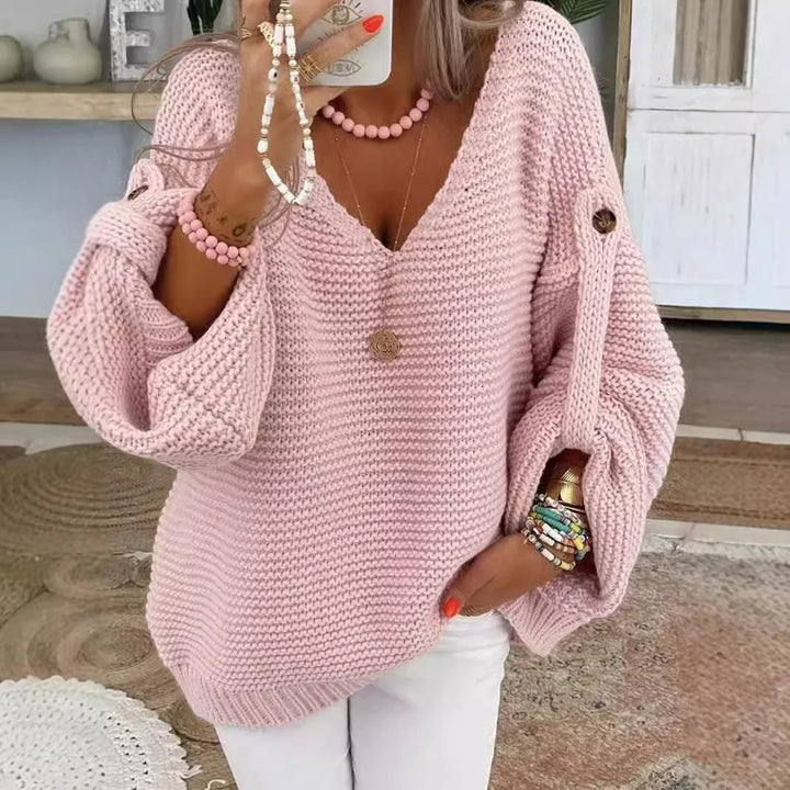 Linnea™ Stickad V ringad Tröja med Knappar